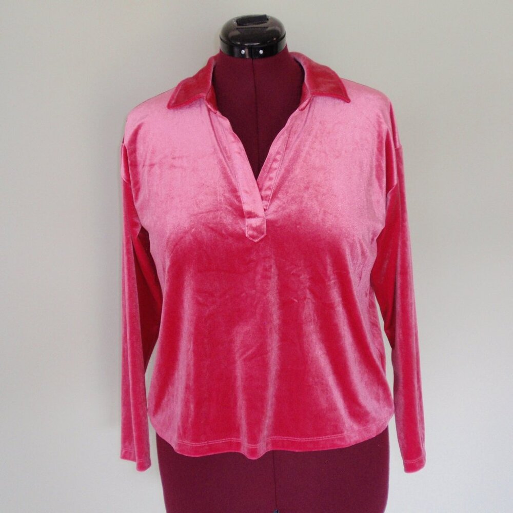 Boston Proper Pink Velvet 3/4 Long Sleeve Collared Deep V Blouse Top Shirt Sz S